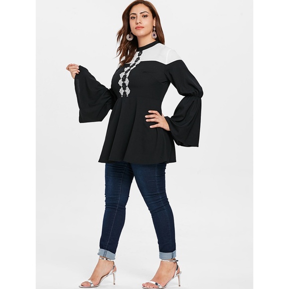 Black & White Plus Size Jewel Neck Power Blouse - Picture 4 of 7